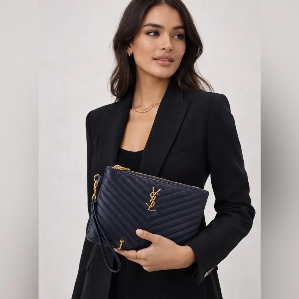 💯Authentic YSL Navy Blue Cassandra Chevron  Wristlet - Picture 12 of 12